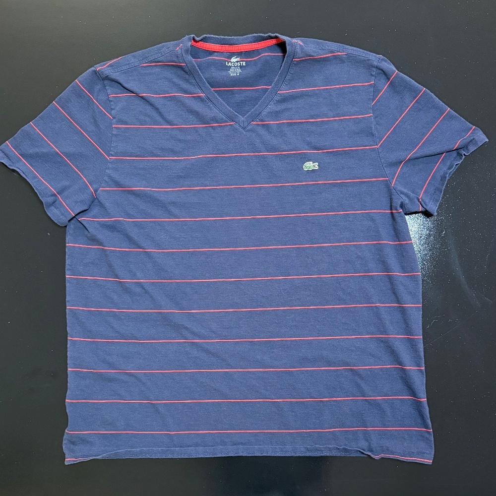 Lacoste V Neck T-Shirt - Size XXL - Navy Blue w/ Red Stripes